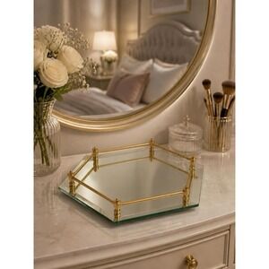 Hexagon Beveled Mirrored Vanity Tray Brass Tone Rail VTG Hollywood Regency 12"